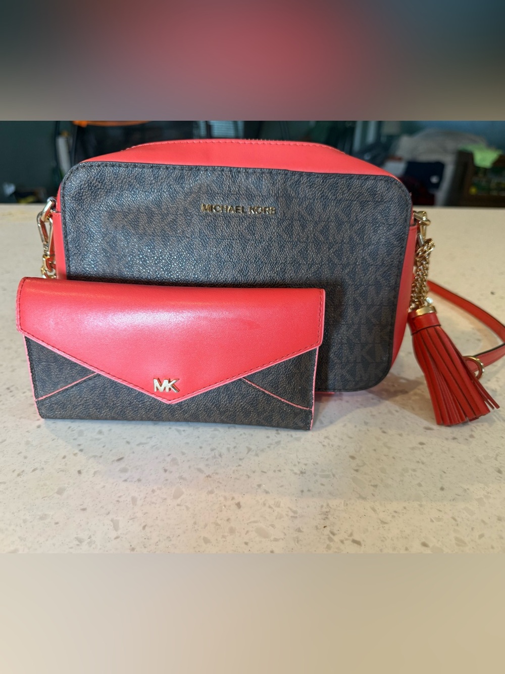 Michael Kors Brown Signature camera Crossbody and wallet  with Coral  Trim